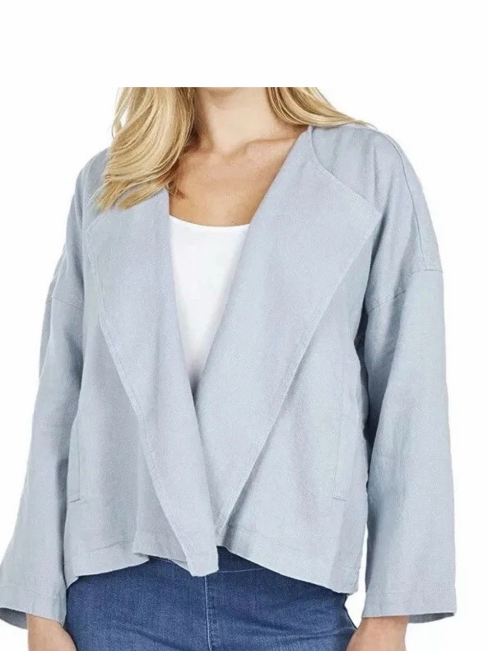 Eileen Fisher Heavy Organic Linen Drape Front Jacket L lagenlook pockets NWOT